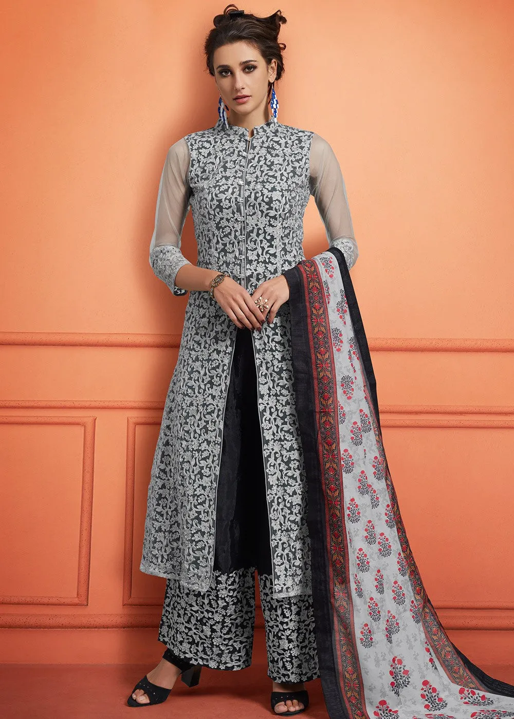 Black And White Floral Embroidered Palazzo Suit