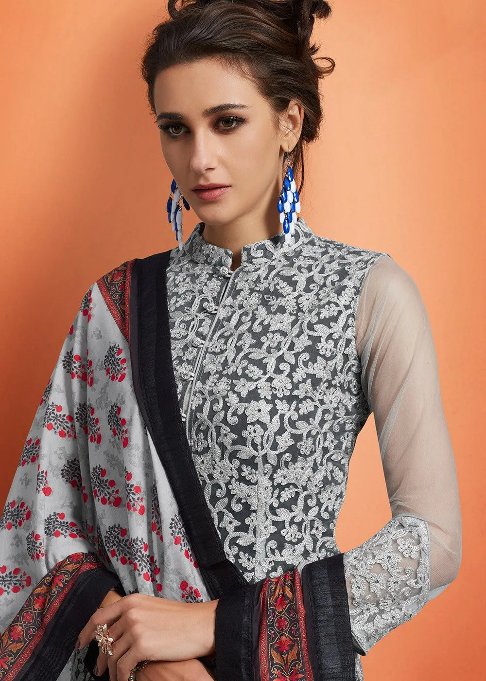Black And White Floral Embroidered Palazzo Suit