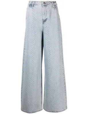 Blue Rhinestone Wide Leg Jeans