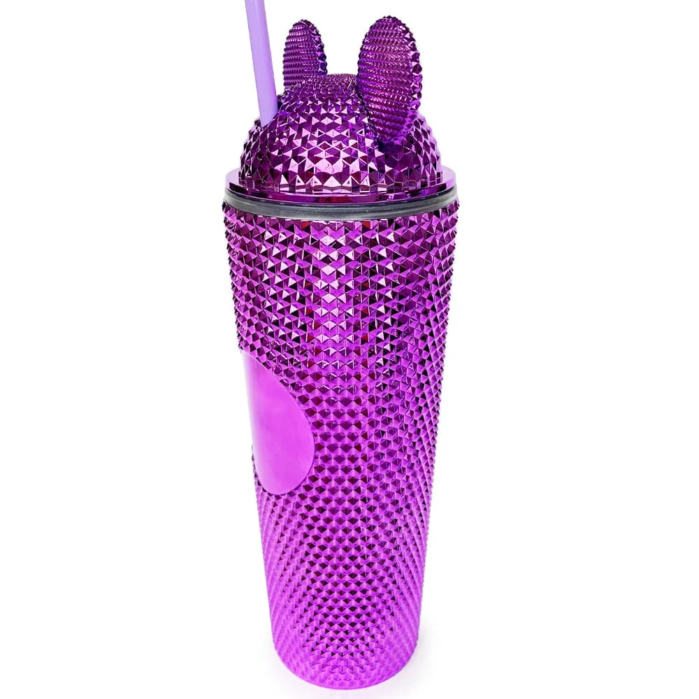 Ear Studded Metallic Tumbler With Straw - PURPLE (1 unit)