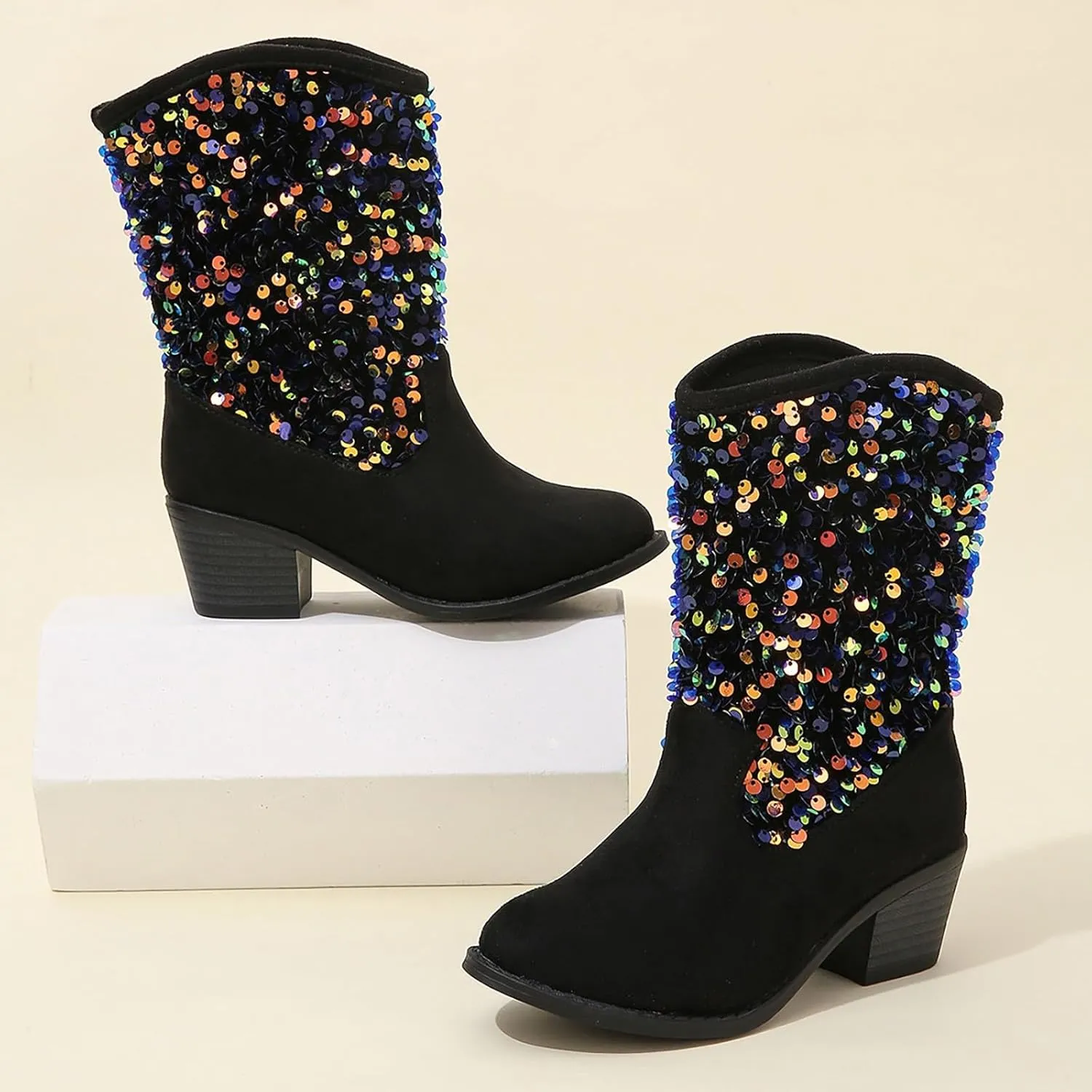 Kids Girls Glitter Mid Calf Boots Casual Boots Western Cowgirl Cowboy Pointed Toe Low Heel Boots Slip on Riding Boot