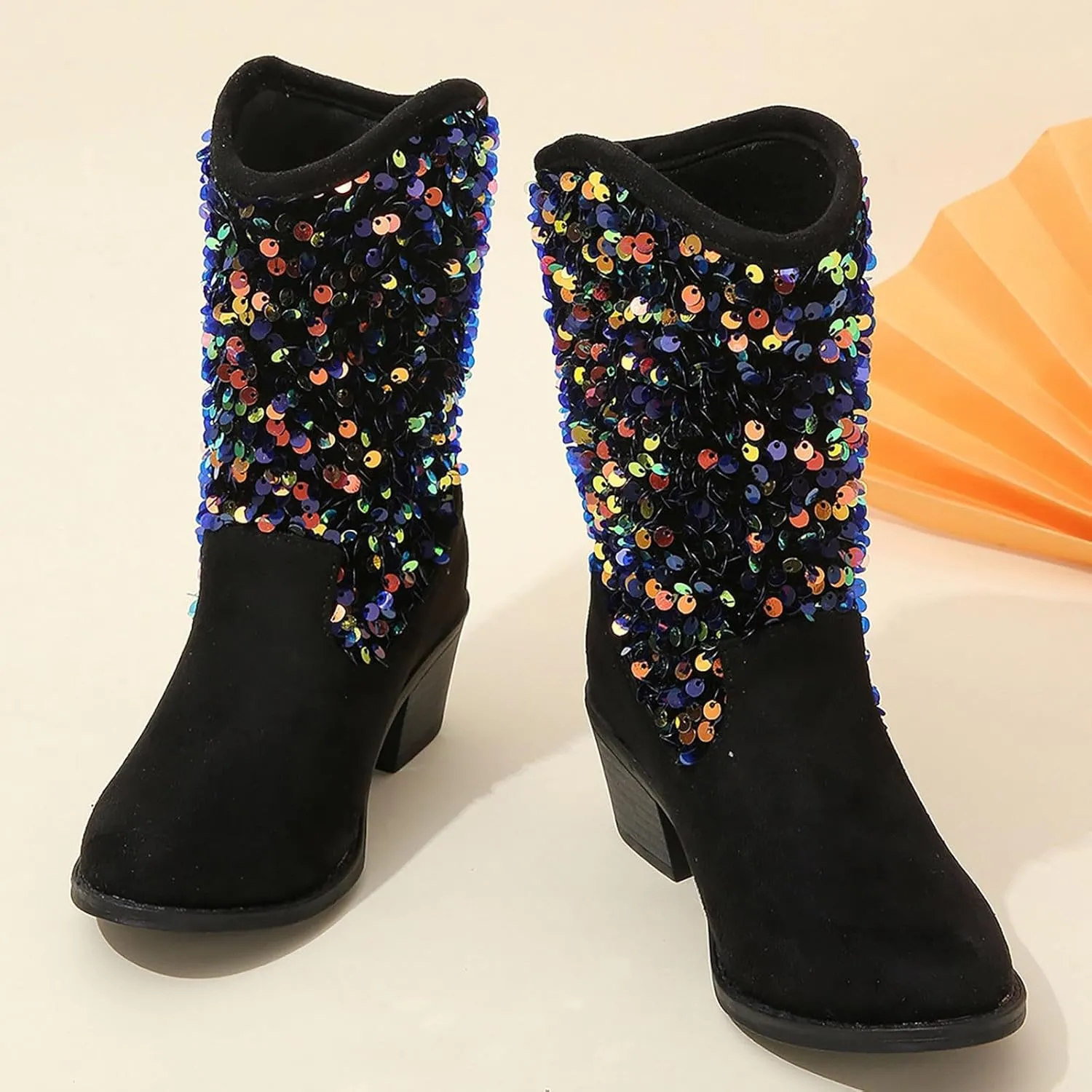Kids Girls Glitter Mid Calf Boots Casual Boots Western Cowgirl Cowboy Pointed Toe Low Heel Boots Slip on Riding Boot