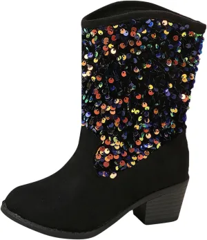 Kids Girls Glitter Mid Calf Boots Casual Boots Western Cowgirl Cowboy Pointed Toe Low Heel Boots Slip on Riding Boot