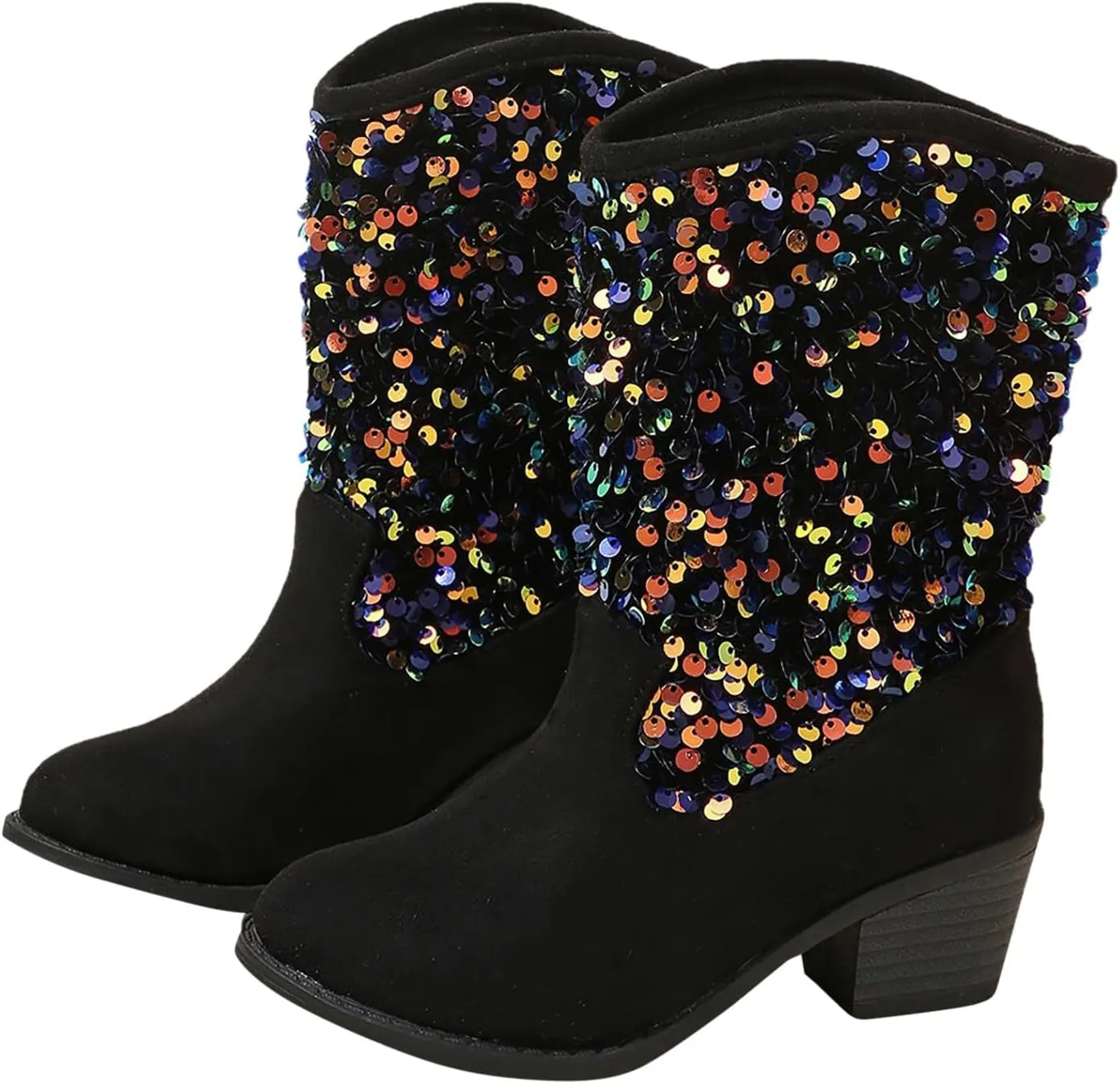 Kids Girls Glitter Mid Calf Boots Casual Boots Western Cowgirl Cowboy Pointed Toe Low Heel Boots Slip on Riding Boot