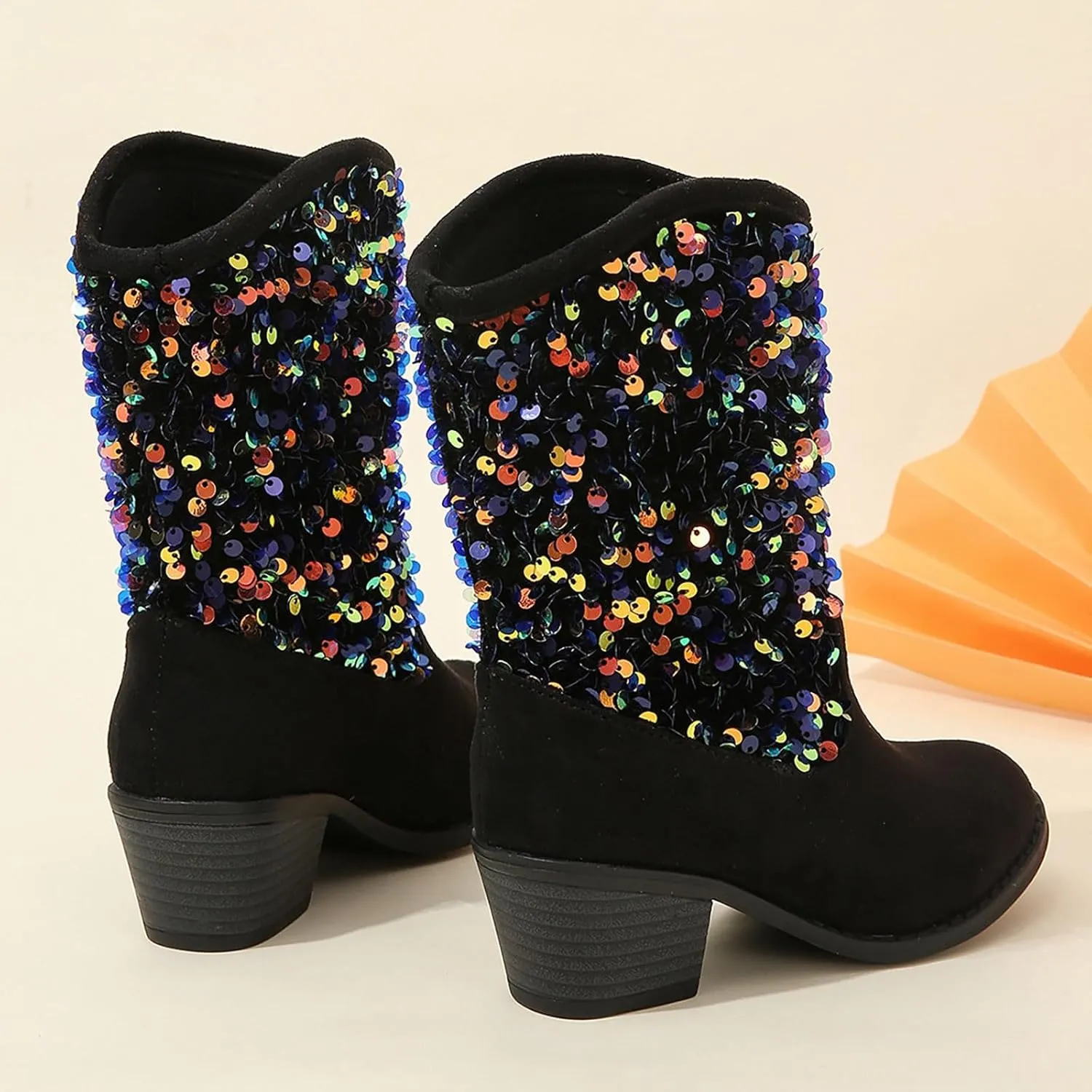 Kids Girls Glitter Mid Calf Boots Casual Boots Western Cowgirl Cowboy Pointed Toe Low Heel Boots Slip on Riding Boot
