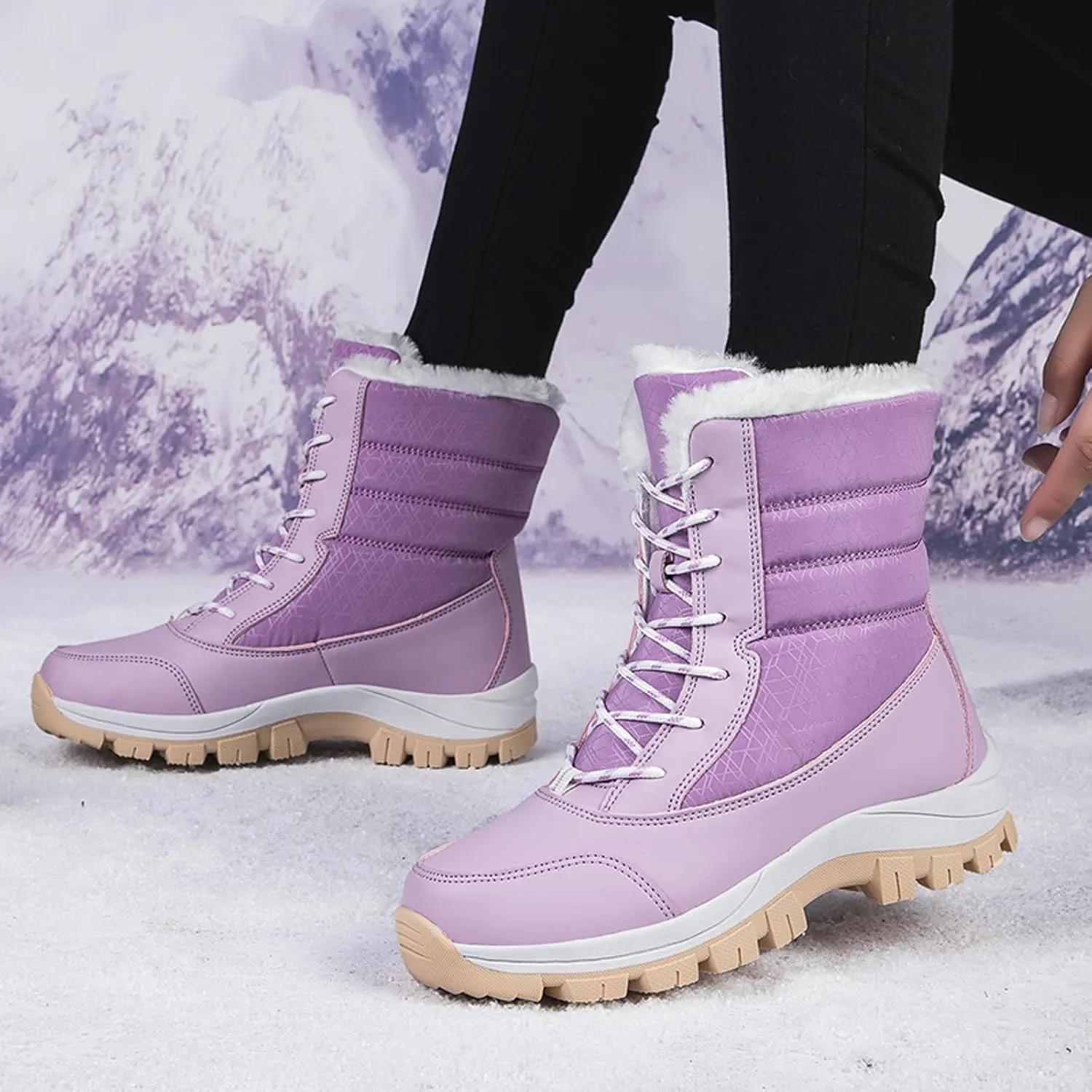 Snow Boots for Women Mid Calf Winter Boots Waterproof Fully Fur Lined Booties Slip on Fleece Ankle Boots Lace Up Ladies Lightweight Walking Hiking Boots
