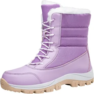 Snow Boots for Women Mid Calf Winter Boots Waterproof Fully Fur Lined Booties Slip on Fleece Ankle Boots Lace Up Ladies Lightweight Walking Hiking Boots