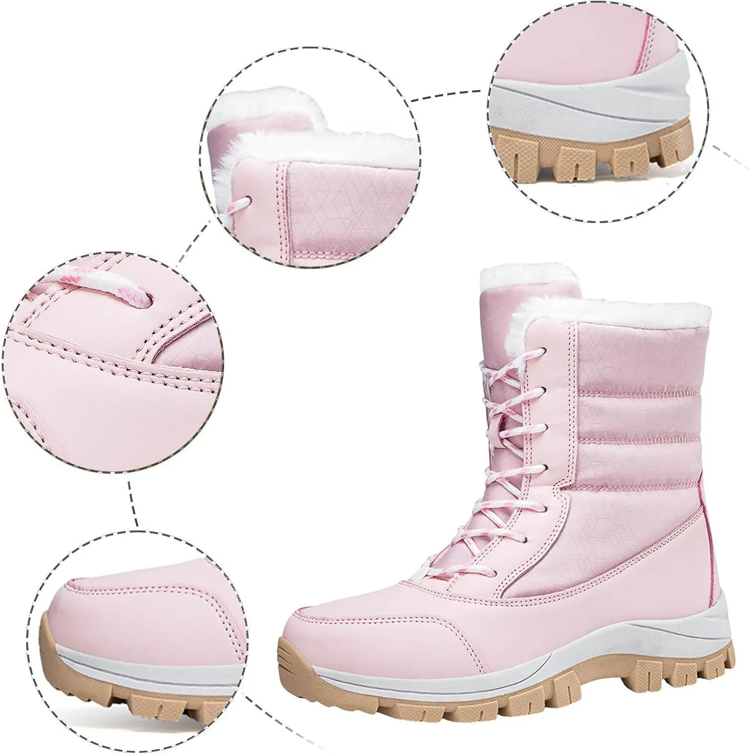 Snow Boots for Women Mid Calf Winter Boots Waterproof Fully Fur Lined Booties Slip on Fleece Ankle Boots Lace Up Ladies Lightweight Walking Hiking Boots