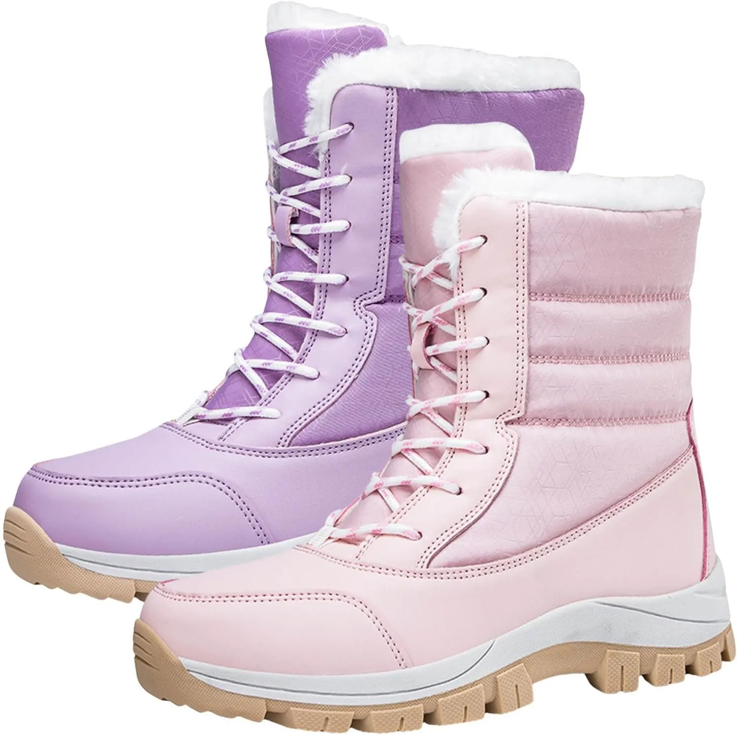 Snow Boots for Women Mid Calf Winter Boots Waterproof Fully Fur Lined Booties Slip on Fleece Ankle Boots Lace Up Ladies Lightweight Walking Hiking Boots