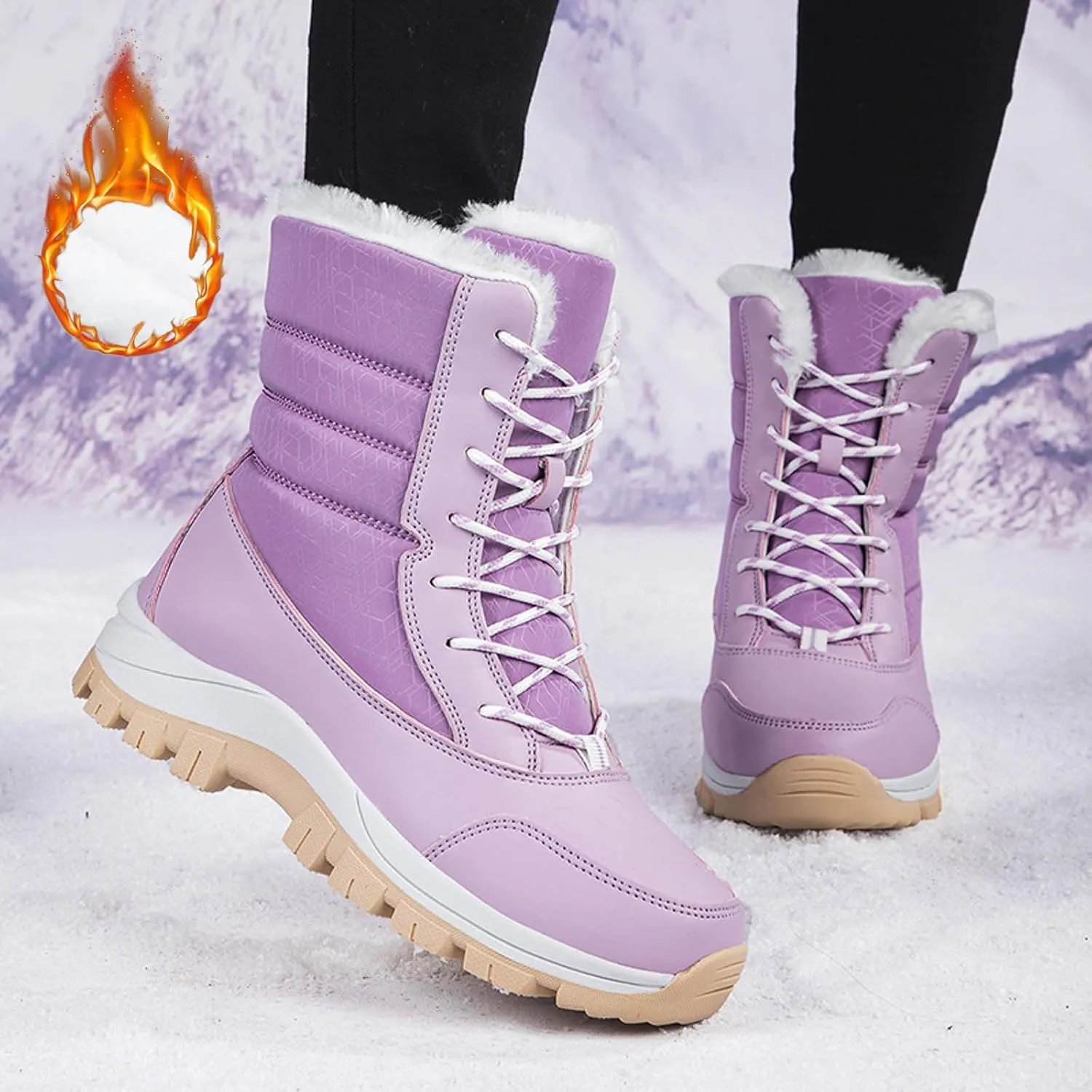 Snow Boots for Women Mid Calf Winter Boots Waterproof Fully Fur Lined Booties Slip on Fleece Ankle Boots Lace Up Ladies Lightweight Walking Hiking Boots