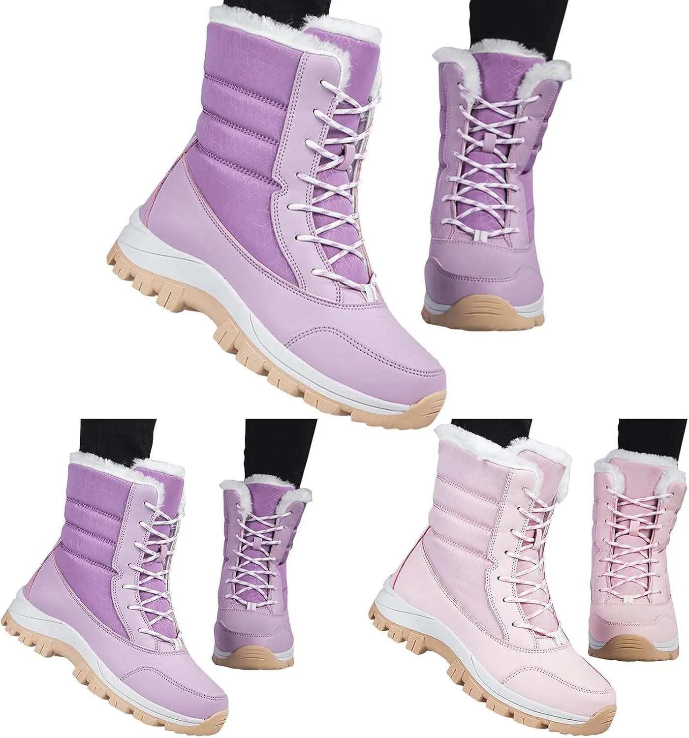 Snow Boots for Women Mid Calf Winter Boots Waterproof Fully Fur Lined Booties Slip on Fleece Ankle Boots Lace Up Ladies Lightweight Walking Hiking Boots